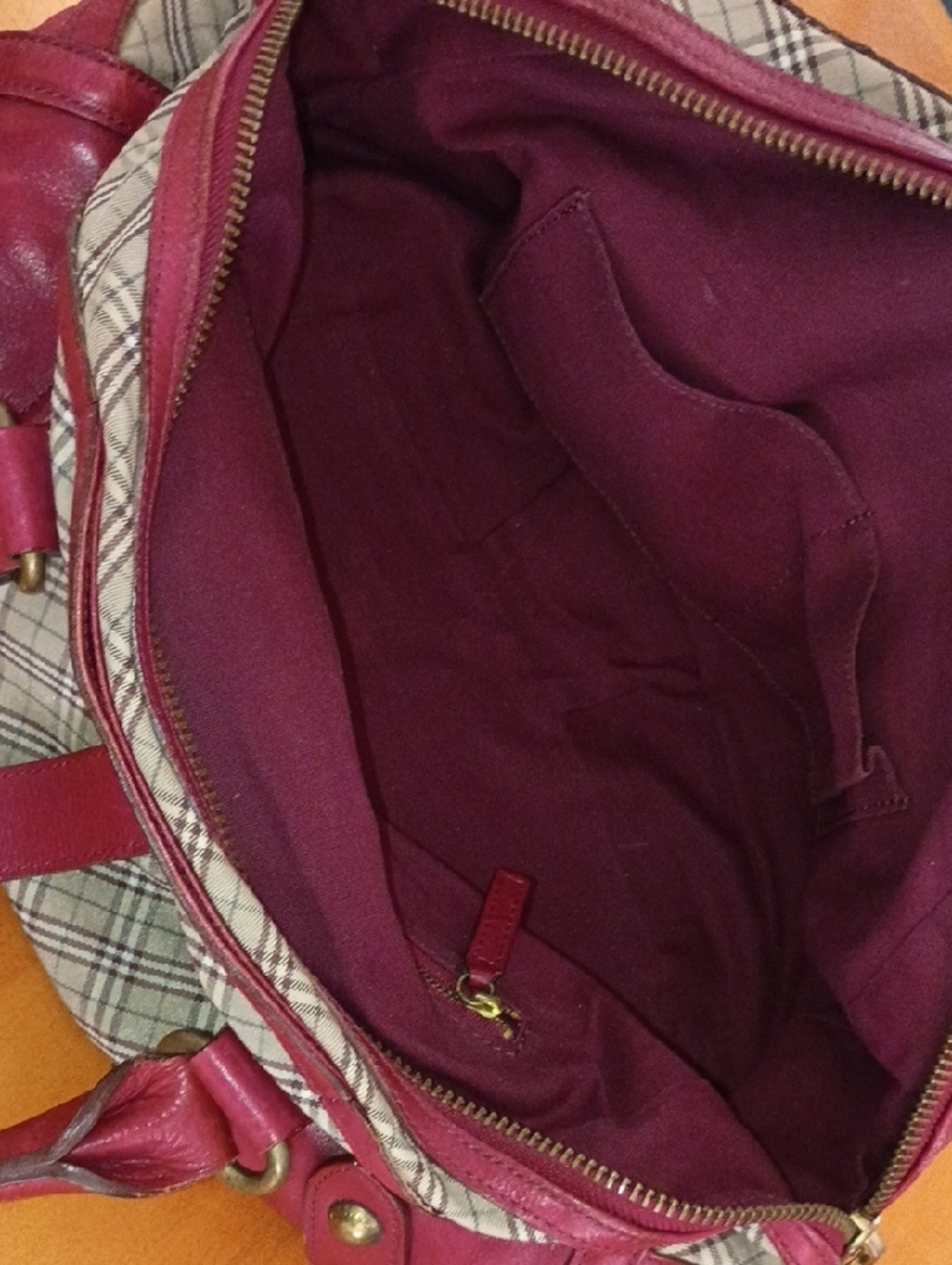 Burberry Blue Label  Beige Plaid Satchel with Red Leather Trim - Picture 12 of 12